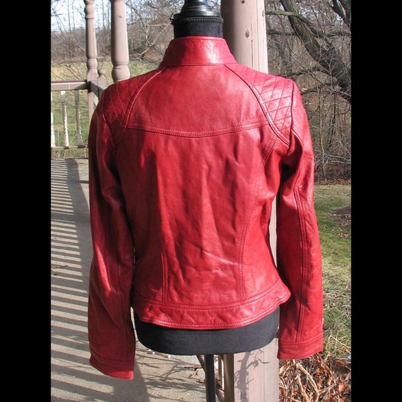 Red Leather Moto Jacket L2401 - Picture 3 of 4